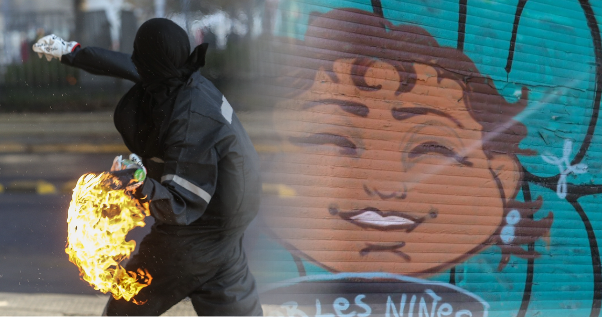 Hombre con bomba molotov y rayado en pared.