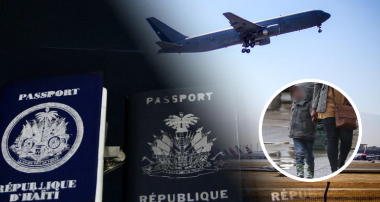 Foto de contexto muestra avión, pasaportes haitianos y niño caminando de la mano junto a un adulto.