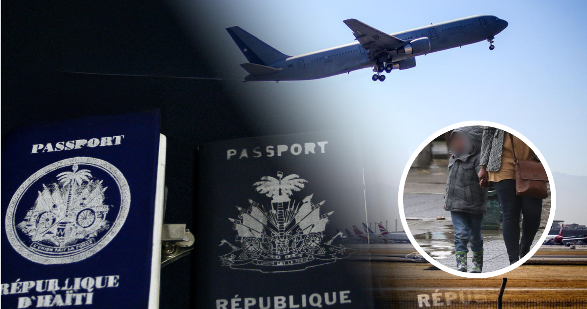 Foto de contexto muestra avión, pasaportes haitianos y niño caminando de la mano junto a un adulto.