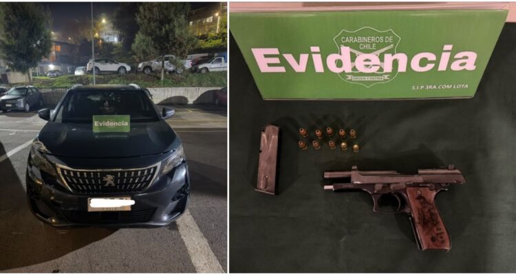 Fiscalización a vehículo con múltiples disparos termina con 4 detenidos en Lota: portaban un arma