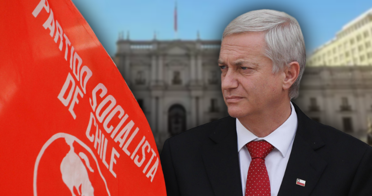 Bandera del Partido Socialista. Presidente José Antonio Kast. Y foto de fondo de La Moneda.