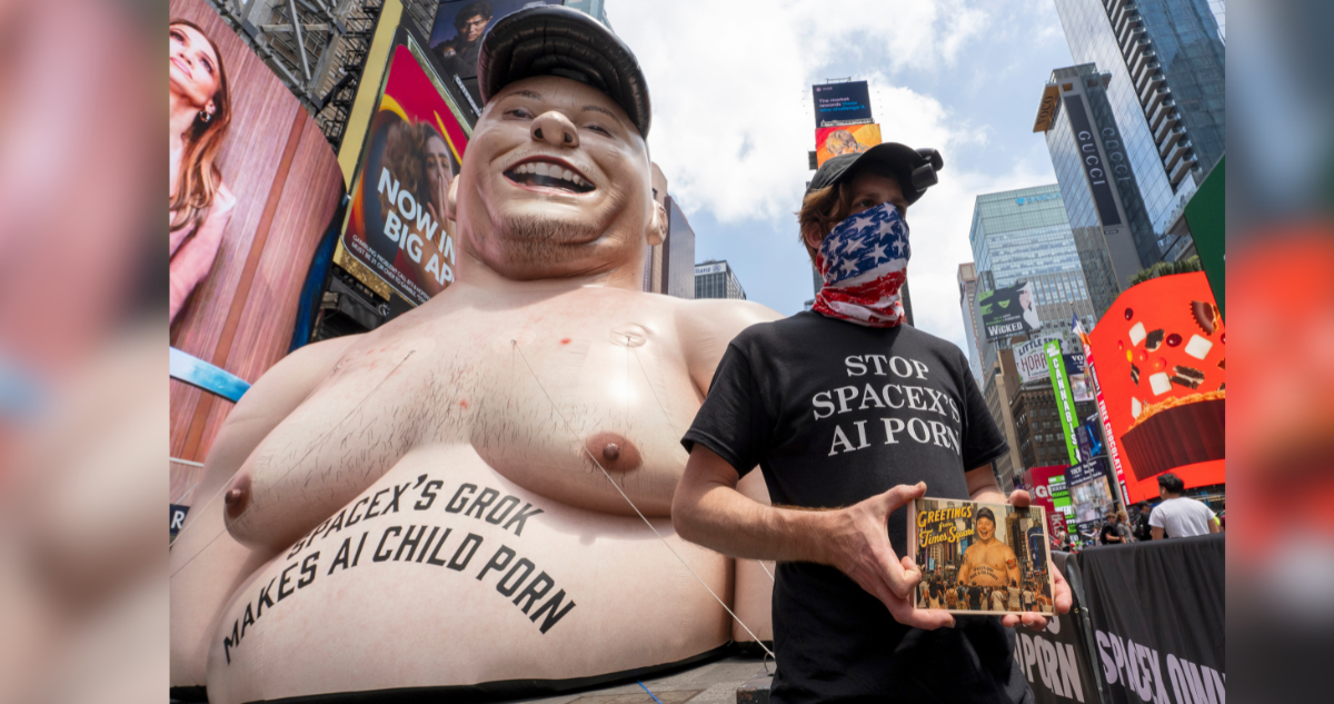 Elon Musk inflable se tomó Times Square para protestar contra la pornografía infantil hecha con su IA