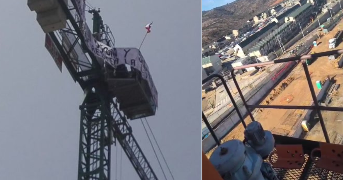 Trabajadores protestaron sobre grúa para denunciar el no pago de remuneraciones en Villa Alemana