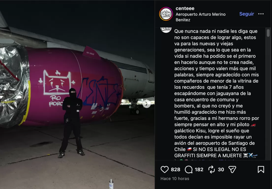 Cárcel y multas: las penas que arriesga el grafitero que vandalizó un avión en Aeropuerto de Santiago