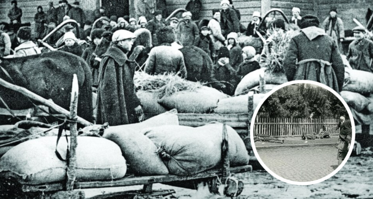 Holomodor. Fotografía principal muestra requisa de trigo. Foto pequeña muestra personas en las calles de Járkov .