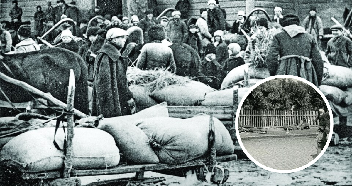 Holomodor. Fotografía principal muestra requisa de trigo. Foto pequeña muestra personas en las calles de Járkov .