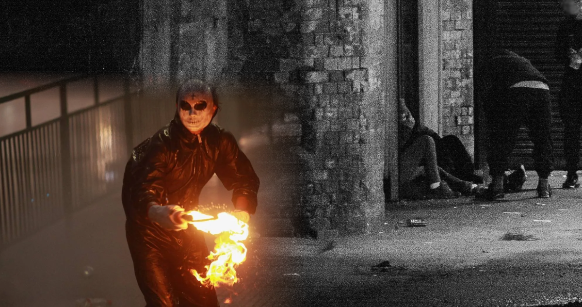 Vándalo con bomba molotov. Y foto de fondo de personas bebiendo en un espacio público.