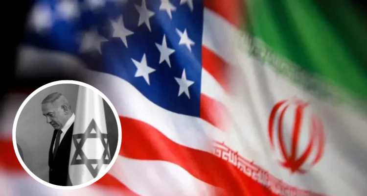 Banderas de Estados Unidos e Irán. Y foto de bandera de Israel y Netanyahu.