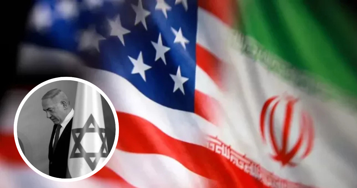 Banderas de Estados Unidos e Irán. Y foto de bandera de Israel y Netanyahu.