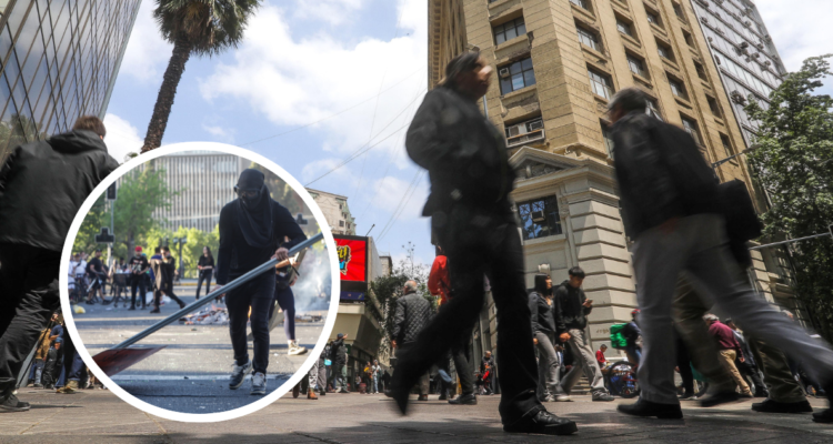Personas caminando por la calle. Y foto de personas realizando desmanes.