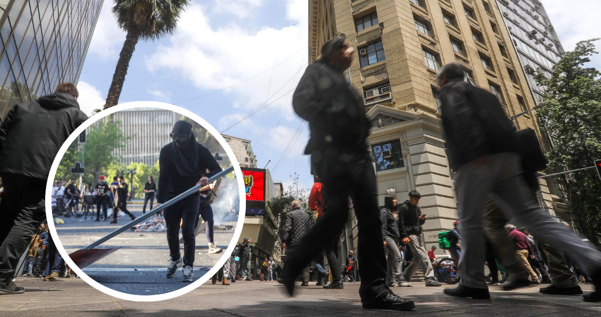 Personas caminando por la calle. Y foto de personas realizando desmanes.
