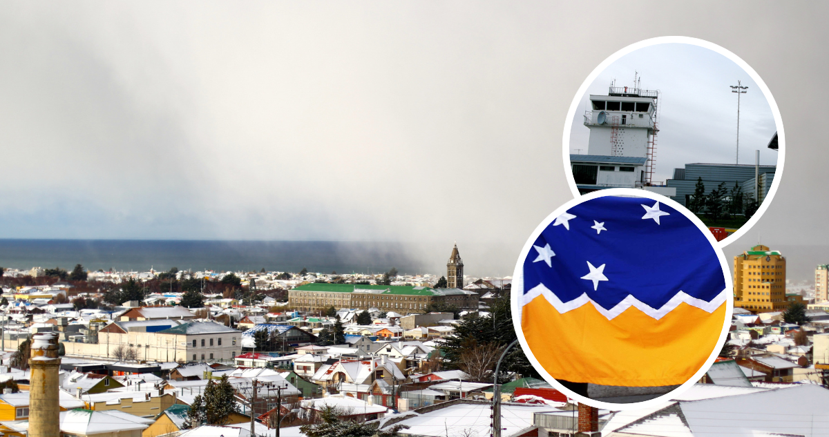 Punta Arenas, bandera de Magallanes y Aeropuerto Internacional Presidente Carlos Ibáñez del Campo.