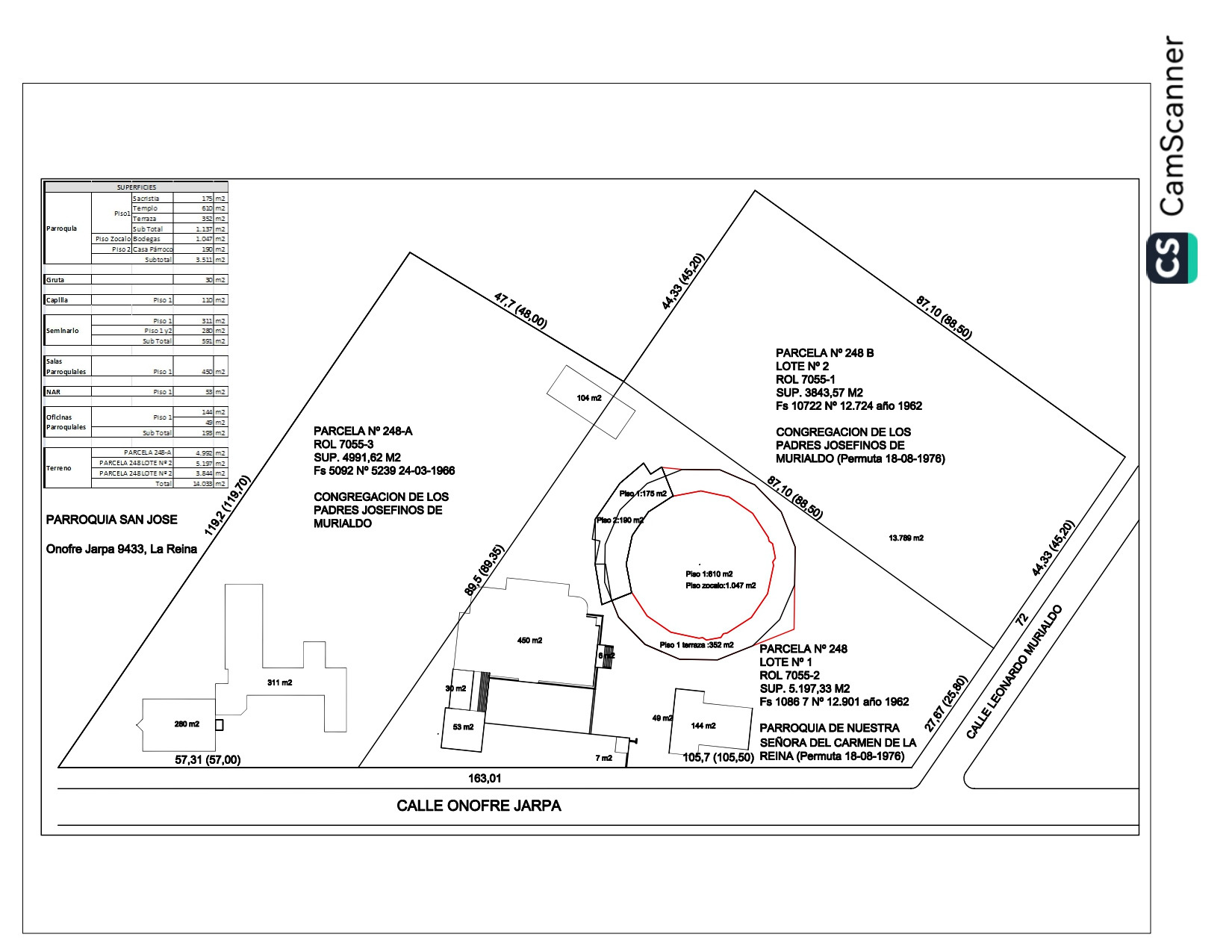 Plano de los terrenos: los rectángulos fueron enajenados y el círculo representa el templo.  