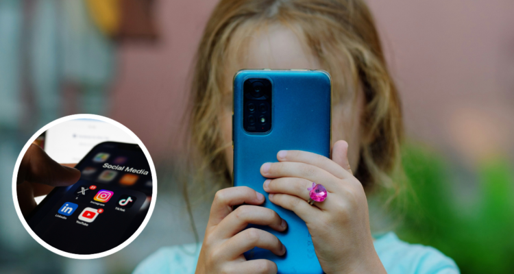 Niña utilizando un celular y foto de redes sociales.