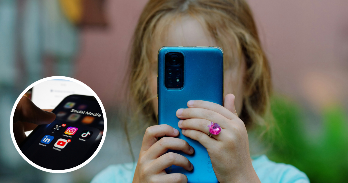 Niña utilizando un celular y foto de redes sociales.