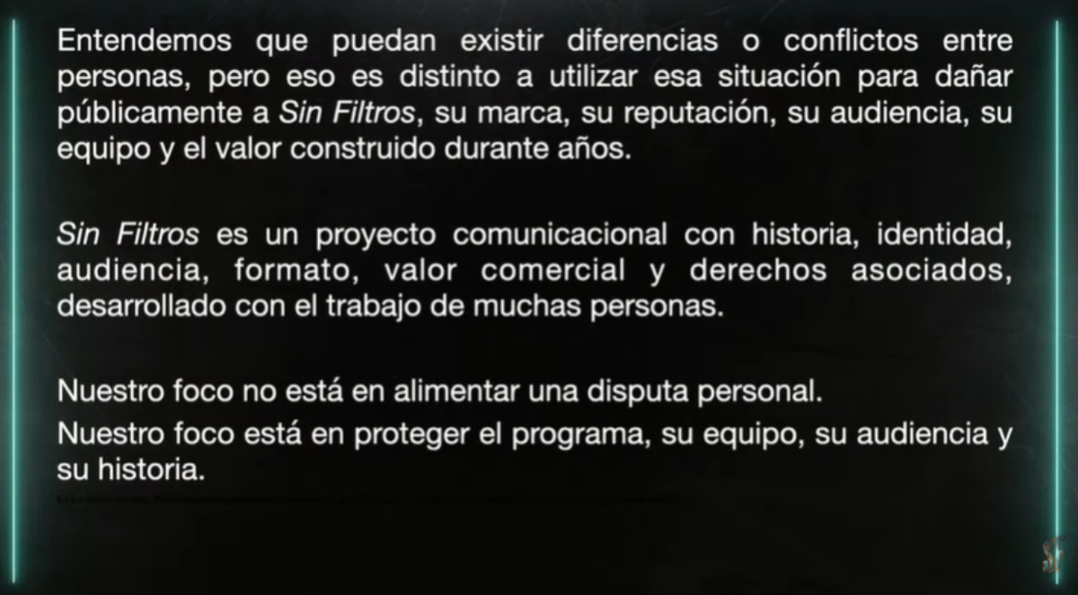 'Sin Filtros' arrancó con frío mensaje dedicado a Feito en el día después de su polémica salida
