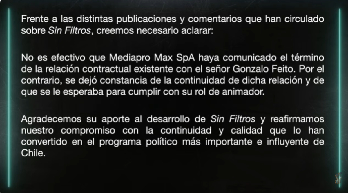 'Sin Filtros' arrancó con frío mensaje dedicado a Feito en el día después de su polémica salida