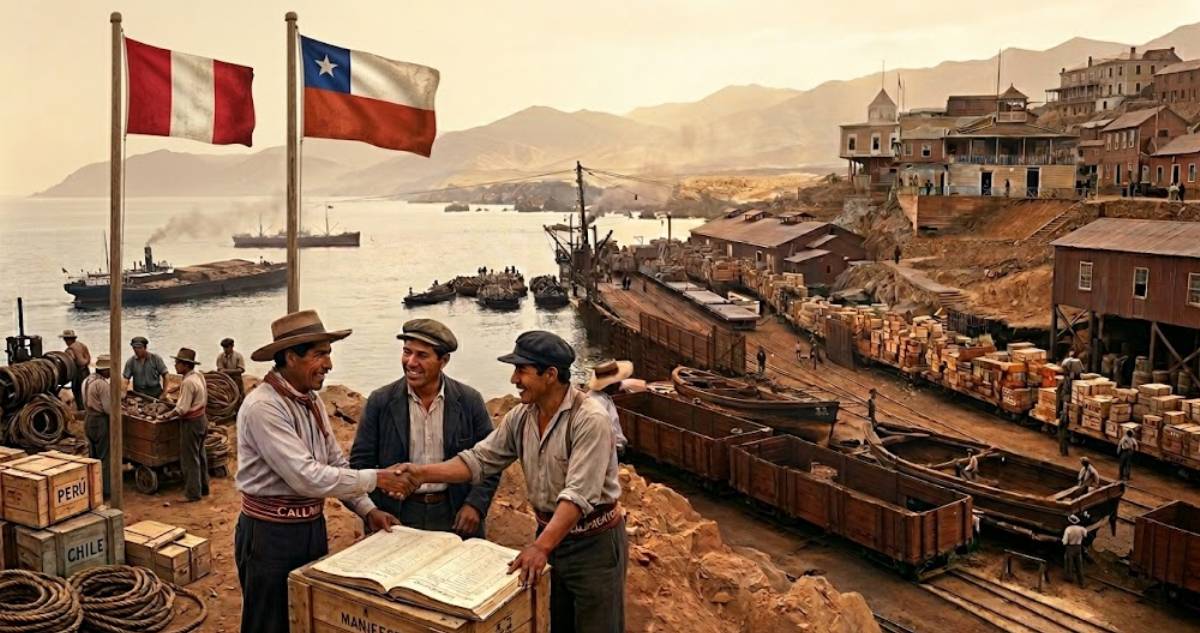 Ilustración que recrea el trabajo histórico de portuarios de Chile y Perú.