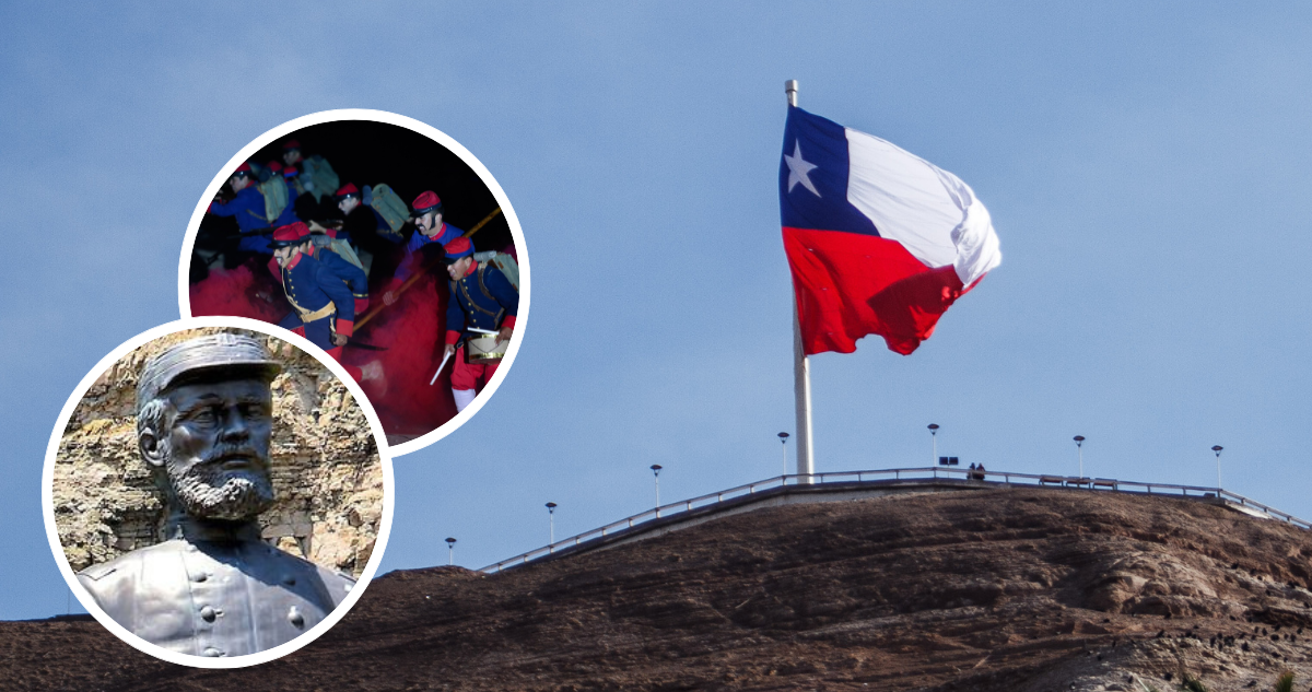 Bandera chilena en Morro de Arica. Representación de la toma del Morro de Arica y foto de la estatua de Solo de Zaldívar.