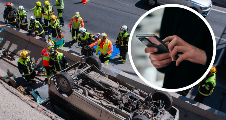 Foto de contexto de accidente y personal de emergencias. Y foto de una persona utilizando un celular.