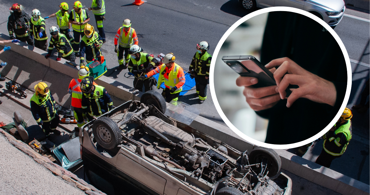 Foto de contexto de accidente y personal de emergencias. Y foto de una persona utilizando un celular.