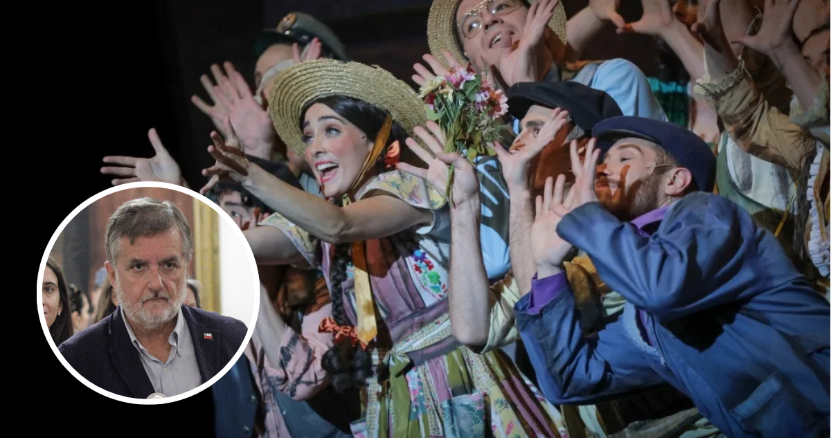 Elenco de “La pérgola de las flores” y en miniatura el ministro Undurraga