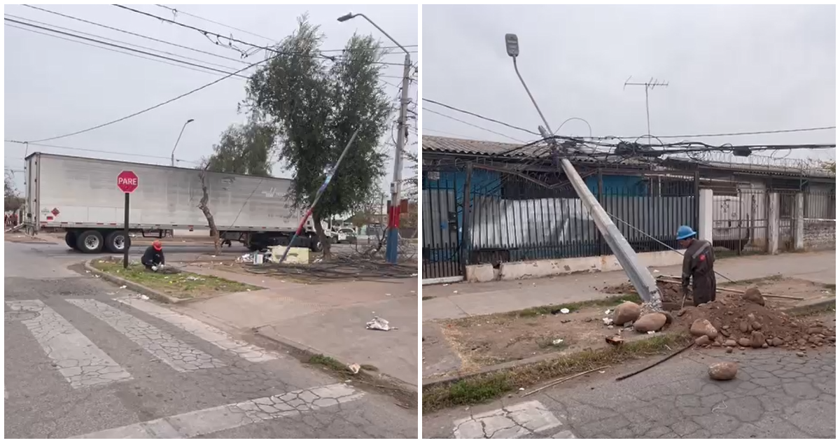 VIDEO Camión de alto tonelaje arrasa con postes en Puente Alto un lesionado y dos casas afectadas