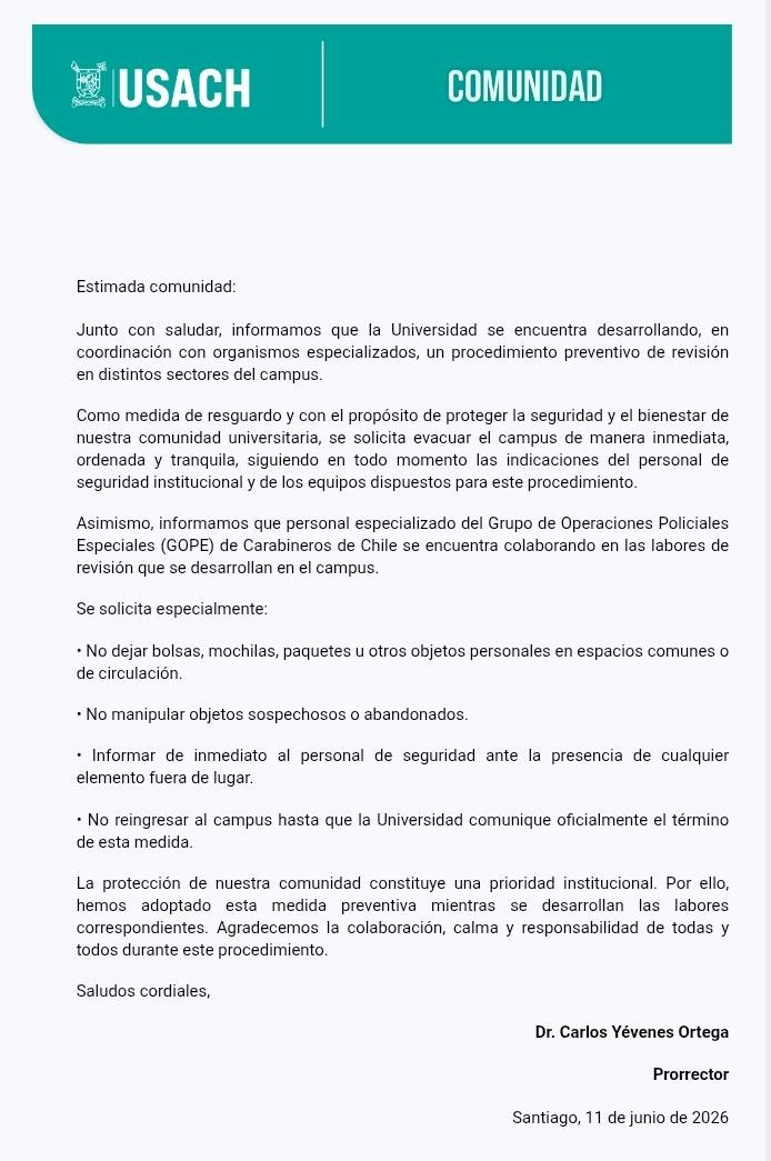 "Mataremos a todos": Evacúan dependencias de USACH en Estación Central por amenaza de bomba