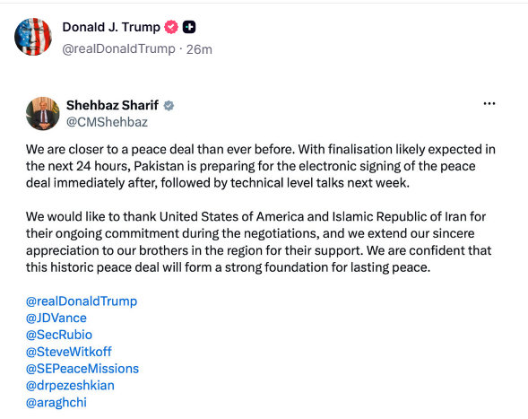 Trump comparte mensaje de primer ministro Pakistaní
