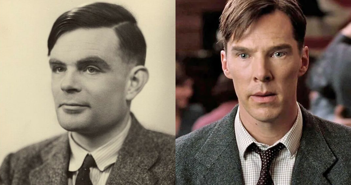 Foto de Alan Turing en la vida real y en la película
