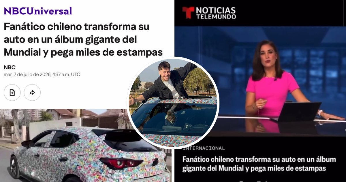 Ariel Osses y su auto con láminas del álbum del mundial en la prensa internacional