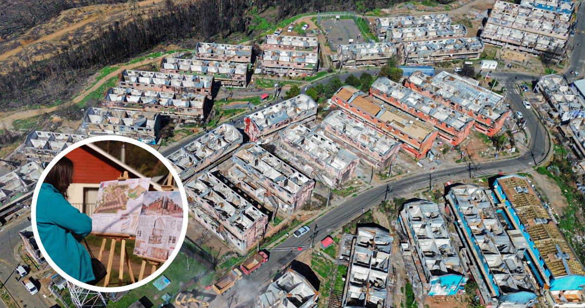 Viviendas dañadas tras incendio. Y foto de proyecto de reconstrucción.