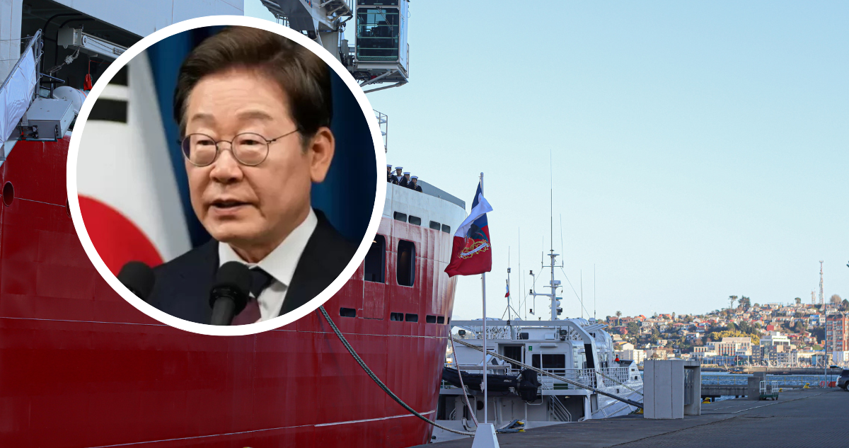 Presidente de Corea. Y foto de contexto de buque rompehielos Almirante Viel en Talcahuano, región del Biobío.