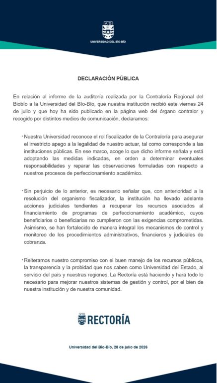 Declaración UBB informe de Contraloría