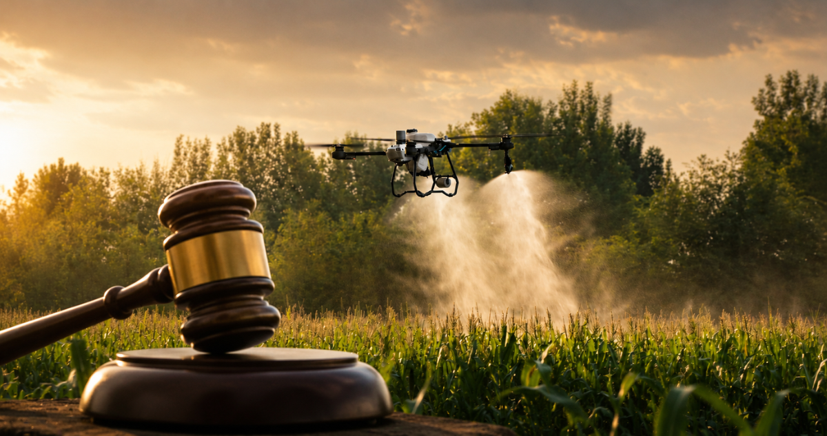 Drone de uso agrícola marca DJI sobrevolando plantación.