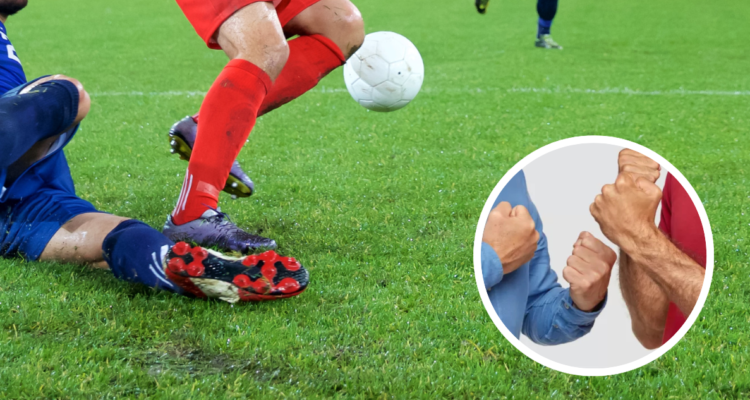 Personas enfrentadas en cancha de fútbol.