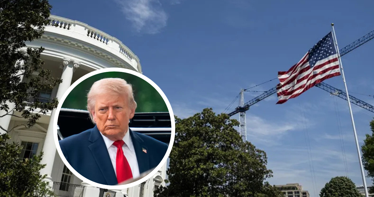 La Casa Blanca, bandera de Estados Unidos y foto de Donald Trump.