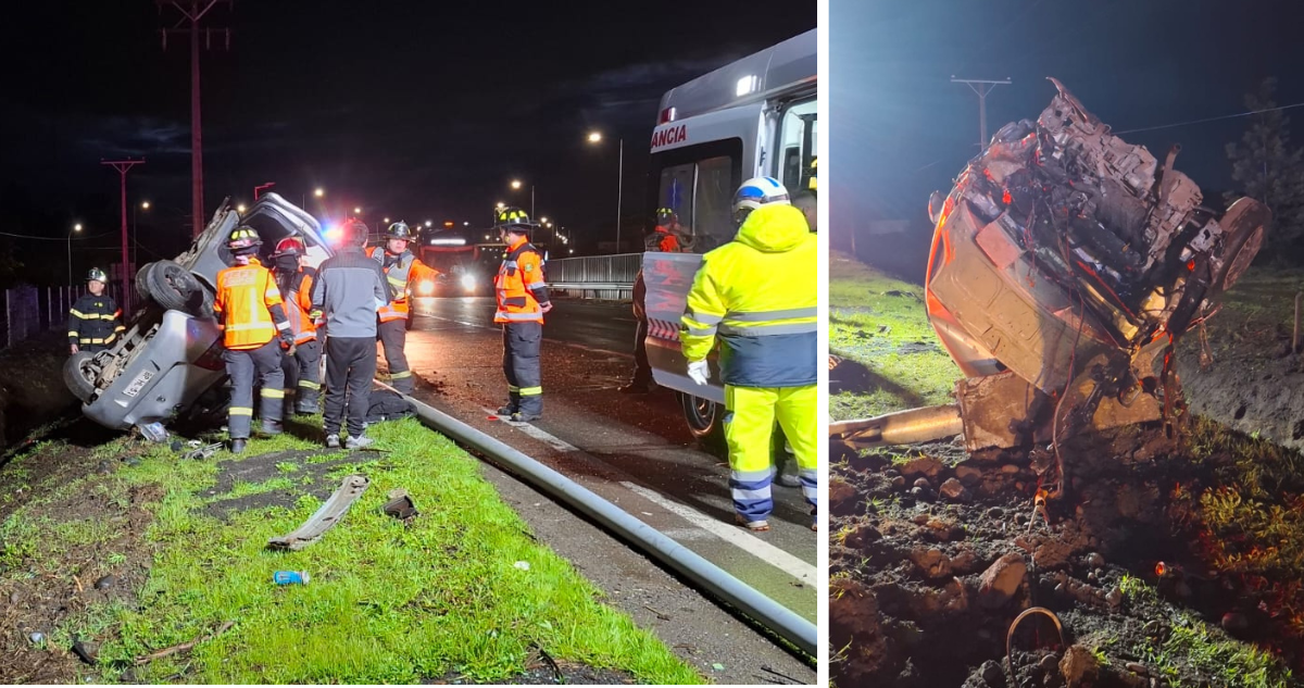 Robo a servicentro termina con auto volcado en Ruta 5 Sur: chofer huyó y dos sujetas quedan lesionados