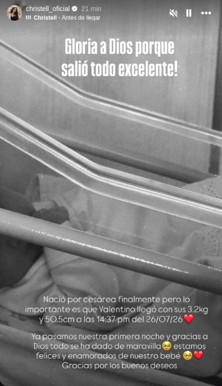 Instagram storie de Christell dando la bienvenida a su hijo Valentino
