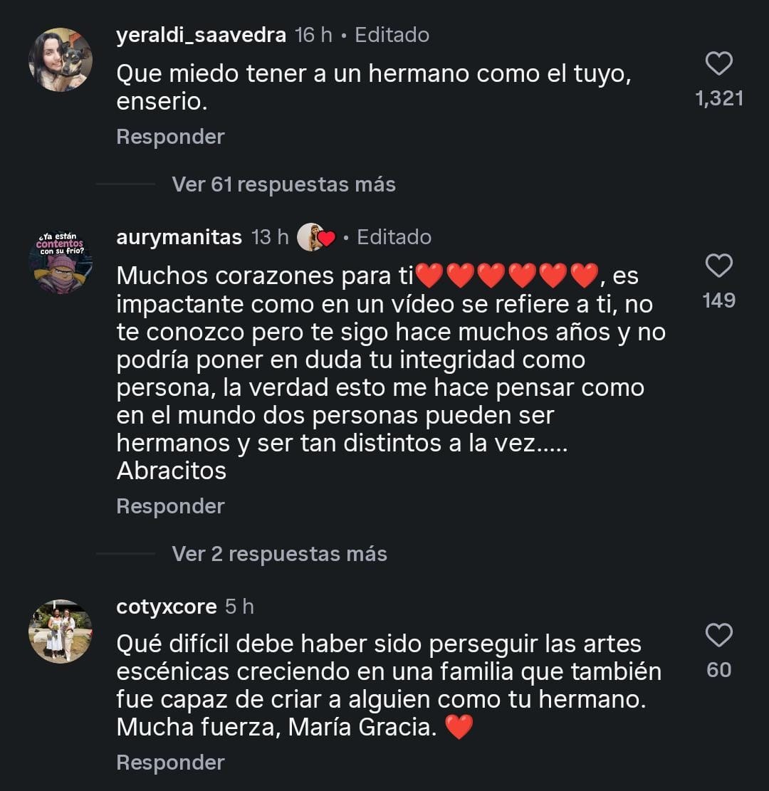 Actriz María Gracia Omegna recibe ola de apoyo en redes y reacciona a comentarios contra su hermano