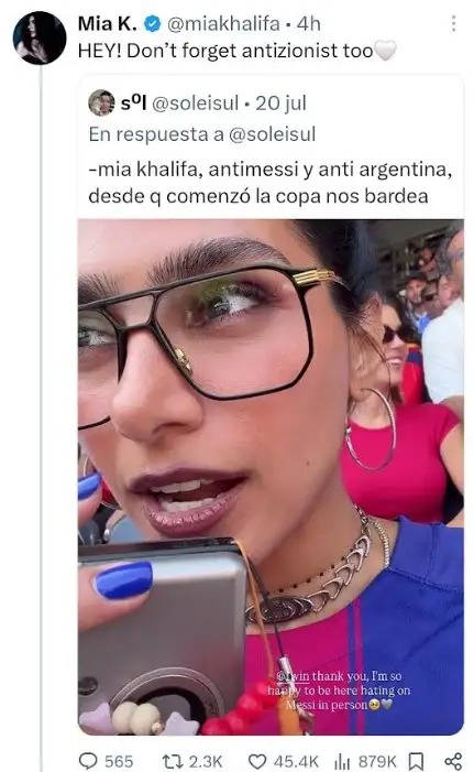 Exestrella porno Mia Khalifa reveló por qué odia a Messi y la selección argentina tras ataque en redes