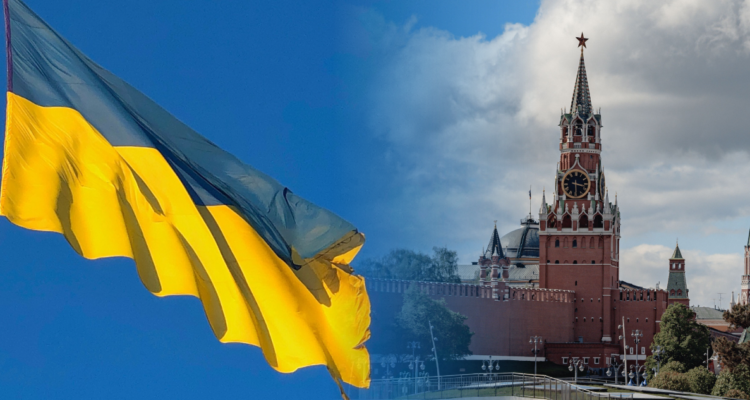 Bandera de Ucrania. Y foto del Kremlin.