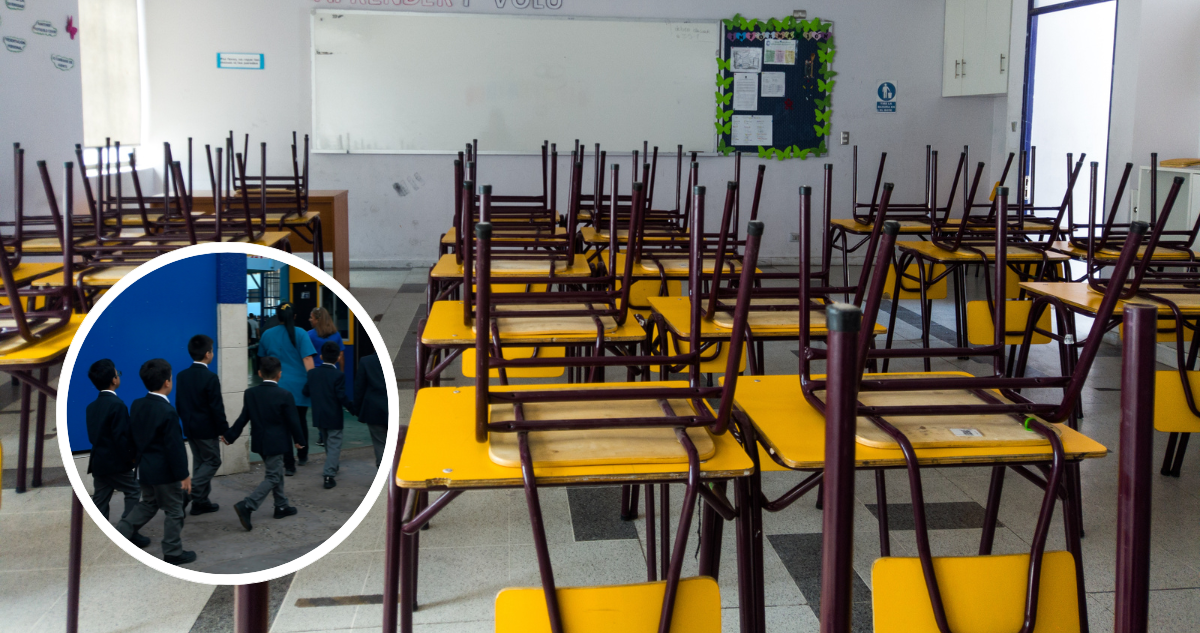 Sala de clases y foto de niños ingresando a un colegio.