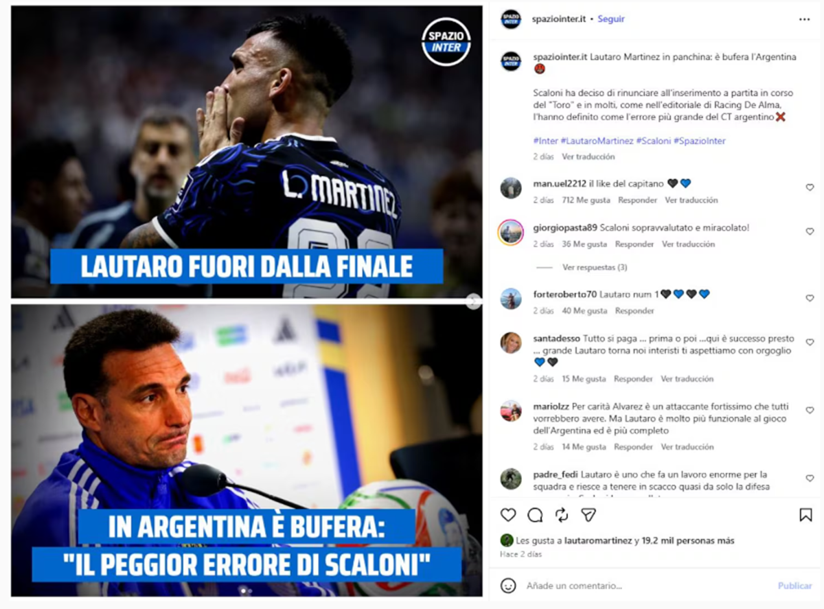 Lautaro Martínez y un like a publicación que critica a Lionel Scaloni, DT de Argentina, por su suplencia en final