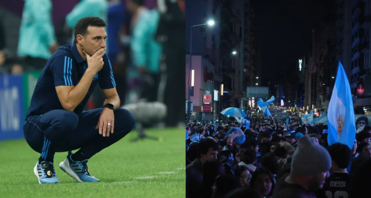 Lionel Scaloni, entrenador de la selección argentina y al costado una imagen de la hinchada de Argentina.