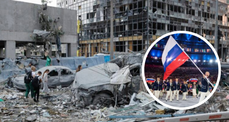 Calles de Kiev tras bombardeo ruso. Bandera de Rusia en Juegos Olímpicos.