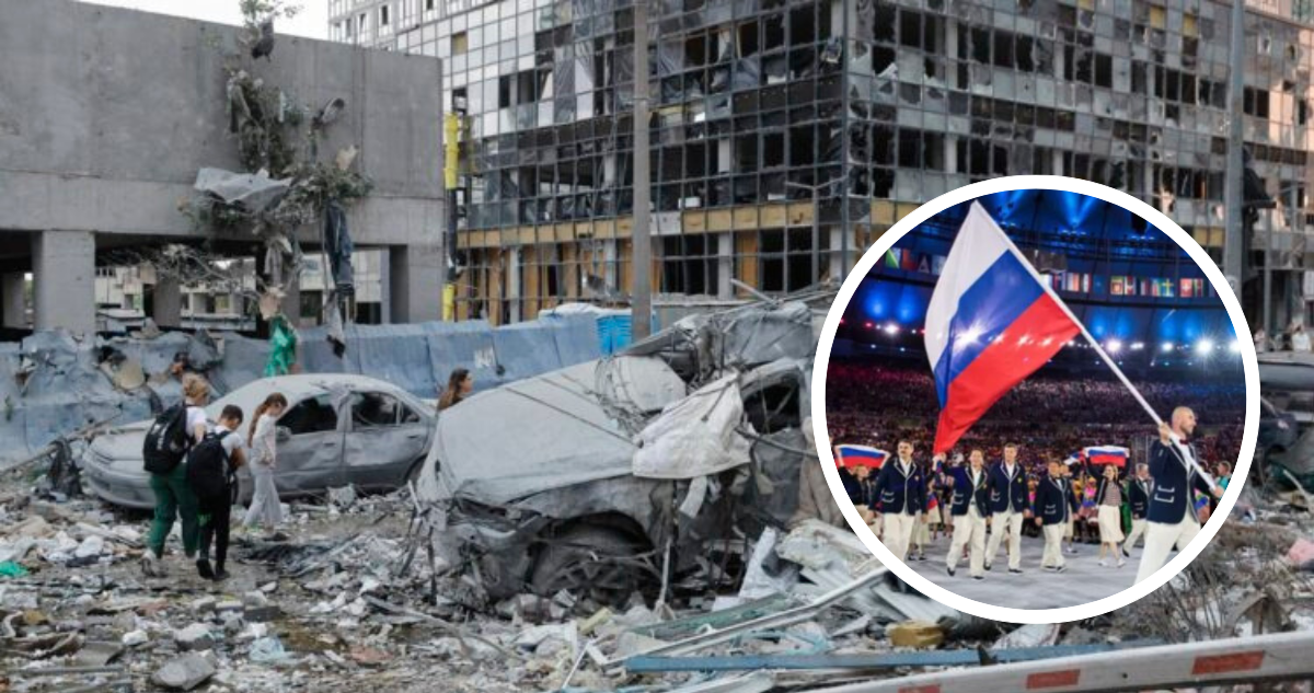 Calles de Kiev tras bombardeo ruso. Bandera de Rusia en Juegos Olímpicos.