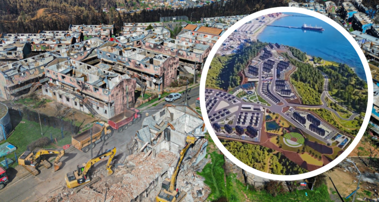 Viviendas afectadas pro incendio. Y foto de proyecto de reconstrucción de viviendas.