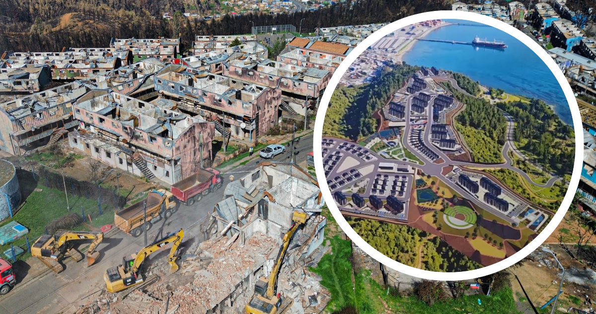 Viviendas afectadas pro incendio. Y foto de proyecto de reconstrucción de viviendas.