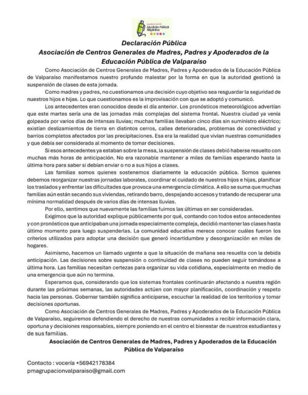 Suspensión de clases a última hora en Valparaíso
